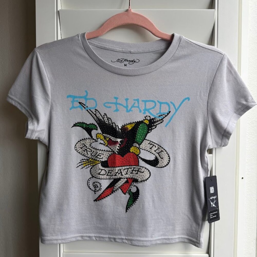 Ed Hardy White Crop Top with Colorful Tattoo Design